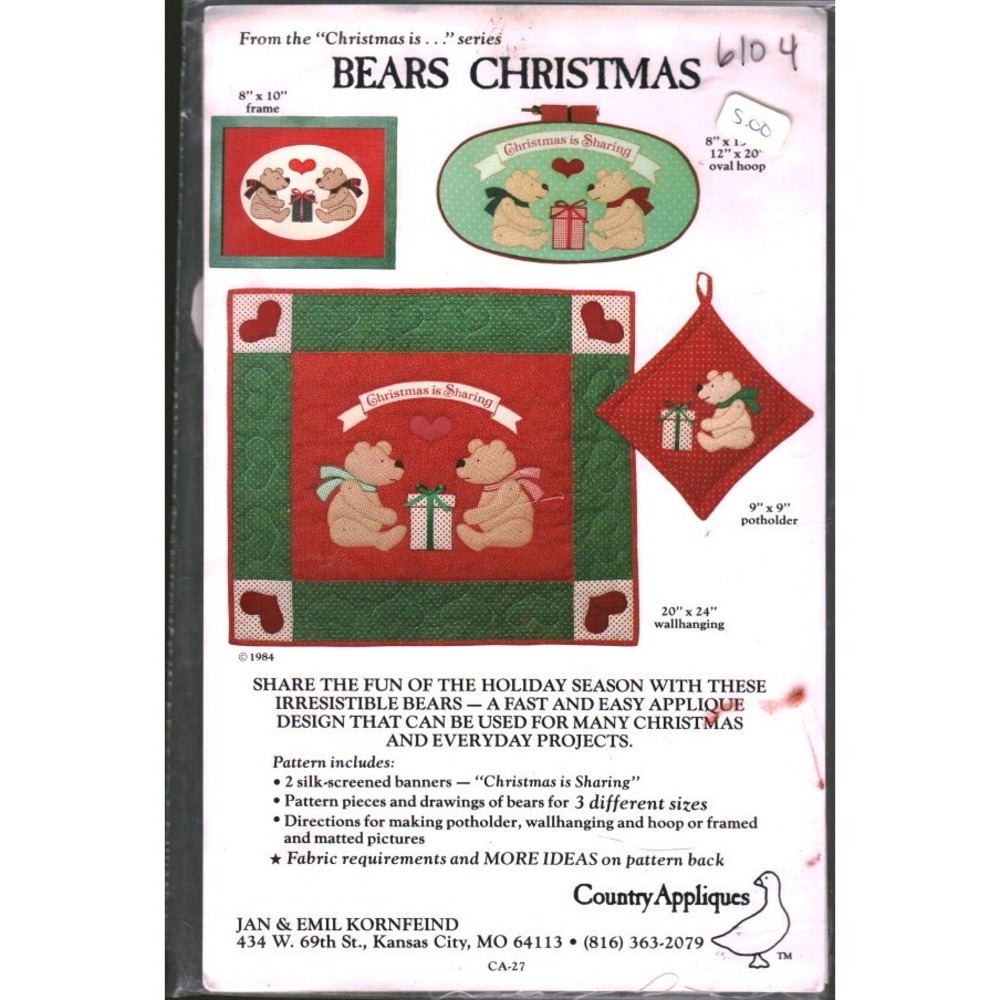 Vintage 1984 Country Appliques Bears Christmas Pattern CA-27 Jan Emil Kornfeind
